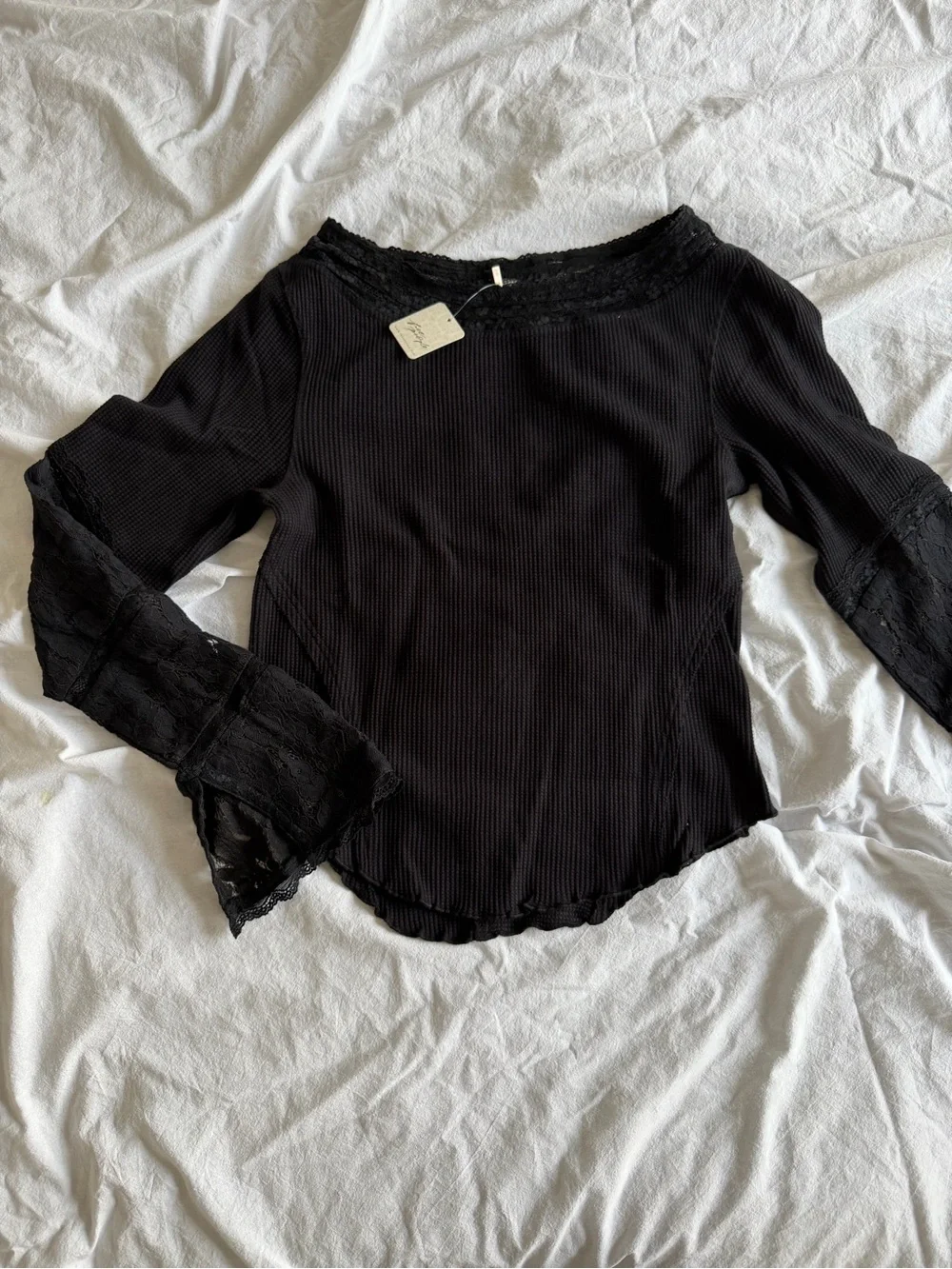 Free People Women's Black Amber Lace Cuff Long Sleeve Top XL